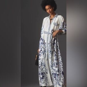 Anthropologie Blue and White Floral Long Sleeve Dress